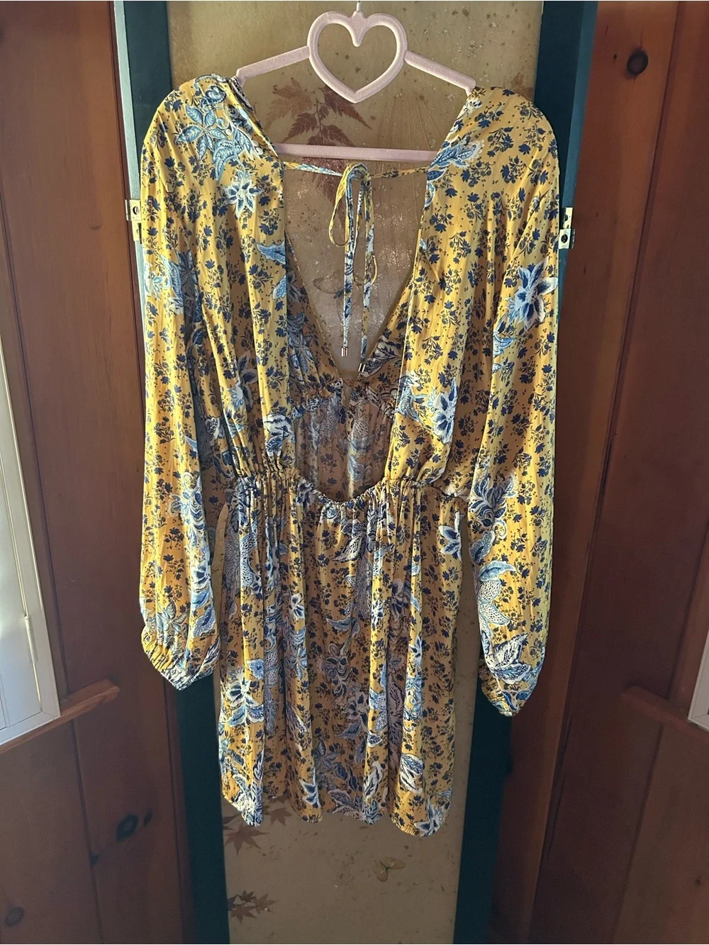 Free People Floral Yellow V-Neck Long Sleeve Dress